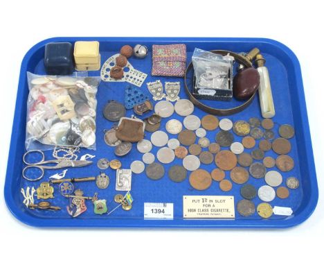 Coinage - 1607 and later, badges including Montreaux 1946, buttons, small purse, ring boxes, Firmin &amp; Sons button, magnif
