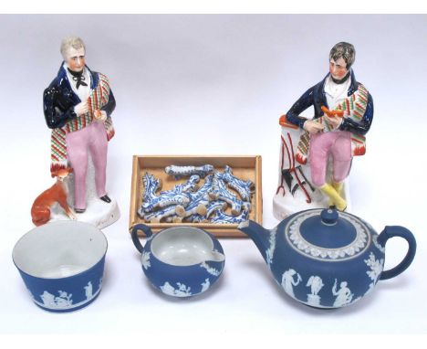 Wedgwood Blue Jasper Three Piece Tea Service, (teapot spout chip) Sir Walter Scott and R. Burns (damaged), Staffordshire figu