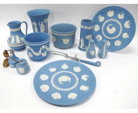 Wedgwood Pale Blue Jasperware Cache Pot, vase, spill vase, condiments, jug, pistol handled carving fork and centenary plates: