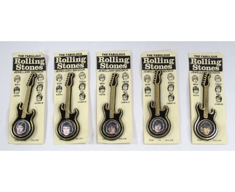 Rolling Stones Guitar Brooches, featuring images of the five band members, each 10.5cm (5).