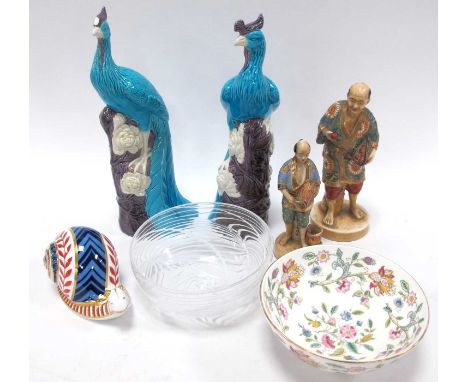 Oriental Pair of Porcelain Exotic Bird Ornaments, (One Damaged) 25cm tall, Crown Derby snail paperweight (2nd quality), glass