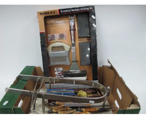 Vintage Marble and Chrome Meat Holder, outdoor grilling Samuel Stainforth 'The Smithfield' knives etc:- One Box
