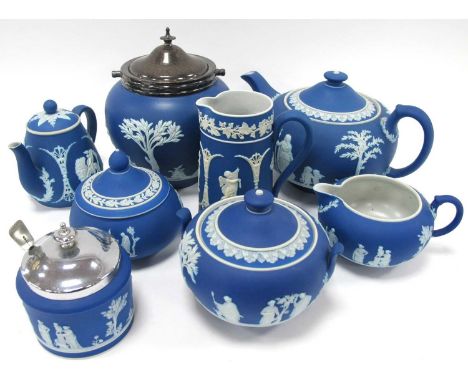 Wedgwood Blue Jasperware Teapot and Lid, sugar basin and milk jug, biscuit board with plated lid, bachelor teapot, etc:- One 