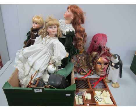 Alberon Collectors Porcelain Doll, 'Debra', two others, masquerade mask with bells, puppet, penguin figures, boxed Back Gammo