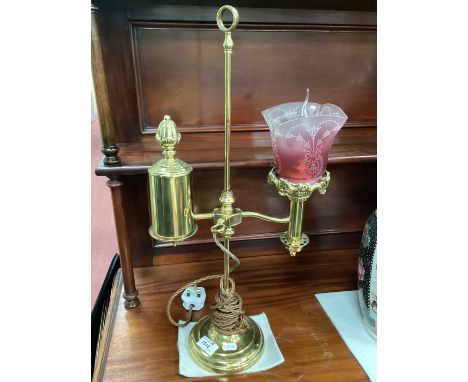 XIX Century and Later Adjustable Brass Student Table Lamp with glass shade on a circular base, 56cm high