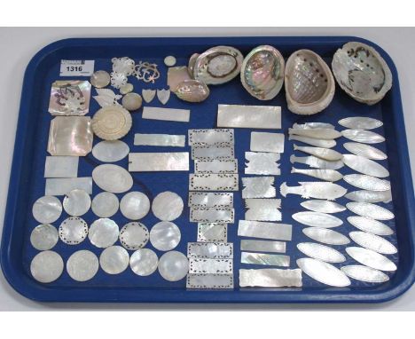 Chinese Mother of Pearl Gaming Counters, oval, circular, rectangular and fish shaped, approximately sixty-four. Shells, penda