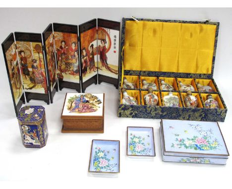 Chinese Enamel Boxes, snuff bottles, screen etc:- One Tray.