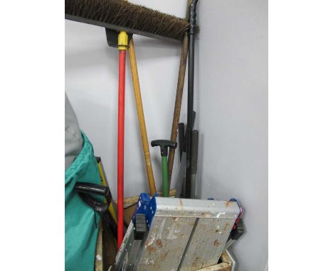 Gardening Tools, fork, hoe, edge trimmers, rope, folding work platform, etc:- One Box.