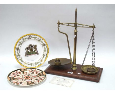 Late XIX Century/Early XX Century Avery Brass Scales and Weights on mahogany base, Spode 'AA' commemorative plate, number 182