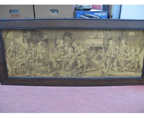 Vintage Continental Medieval Tapestry of people drinking and playing instruments 47 x 140cm.