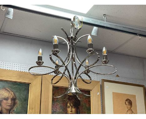 A Modern Chrome Six Branch Chandelier, approximately 62cm wide.