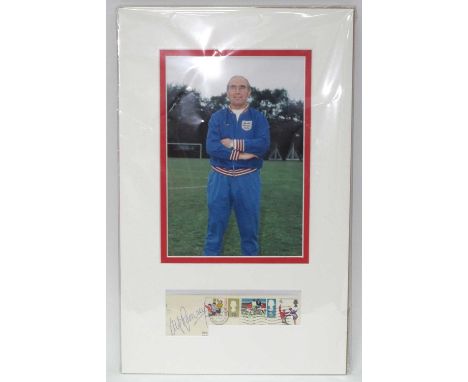 Alf Ramsey Autograph, blue ink signed (unverified) on First Day Cover, with an image as a mounted montage, 40.5 x 25cm.