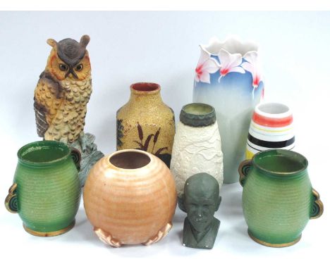 Franz Ceramic Vase 26cm tall, Art Deco Bulbous '558', Ashby Wilton and other vases, pottery owl, plaster bust:- One Tray.Whit
