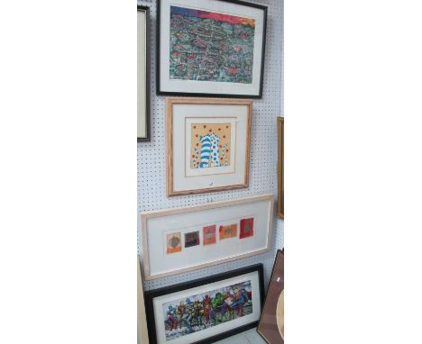 Kate Chidley 'Glastonbury Festival', signed print. J.K. James 'Opposites Attract', 'Fire' and Superman prints (4).