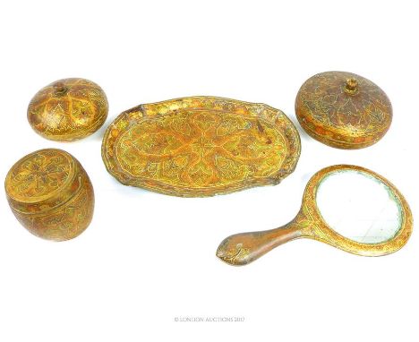 A collection of antique hand made and painted papier mache Indian Kashmir dressing table items, each bearing a label ' Made B
