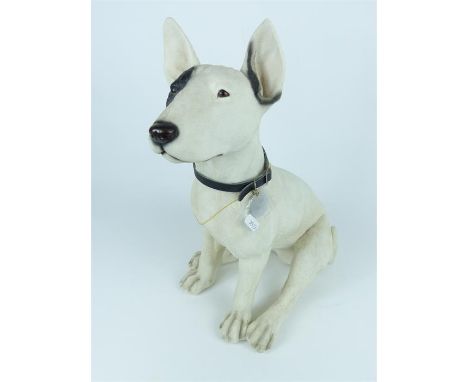 A large, decorative, painted, resin, seated, English bull terrier dog with a white coat and black patch over left eye, 42 x 4