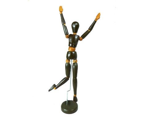 A vintage painted wooden ergonome (poseable artists model on stand), 46cm high.