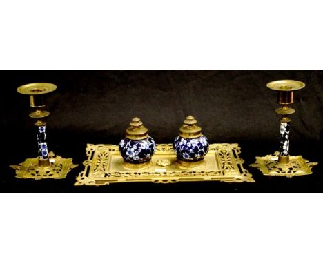 Vintage ceramic &amp; brass desk standish including pair ceramic inkwells, on decorative brass base, together with pair match