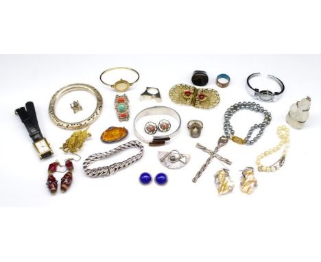 Silver and costume jewellery group includes a silver and tiger eye bangle, cross, amber brooch, lapis ear clips, quartz ring,