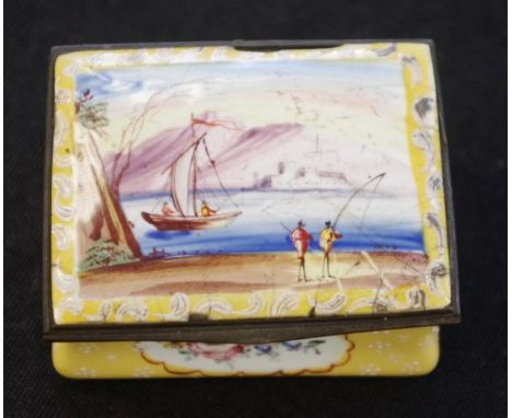 Antique hand painted enamel trinket box decorated with a sea scene. (damage)