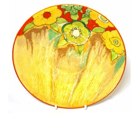 Clarice Cliff "Bizarre" saucer floral decorated on yellow ground, marked to base, (diameter 17cm approx).