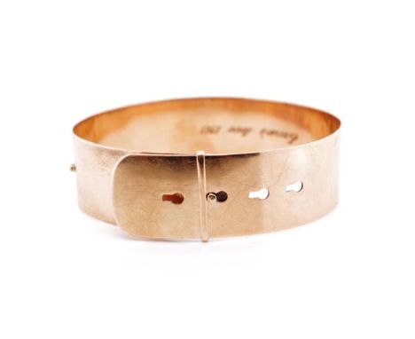 Antique 9ct rose gold buckle bangle marked 9ct. Also engraved with Vic, Ernie's Love 1913. Approx metal width 19mm, inside wi