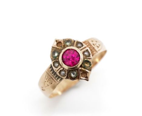 Antique 14ct yellow gold and synthetic ruby ring set with seed pearls. Marked dog head 4, JL. Approx weight 2.88 grams, ring 