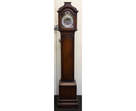 English long case 'grandmother' clock with 3 train striking movement in oak case, the cast chime mount bracket marked ENGLISH