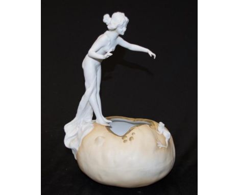 Art Nouveau figural decorated ceramic bowl marked to base, (possibly Austrian), with ceramic figure of a standing woman, on a