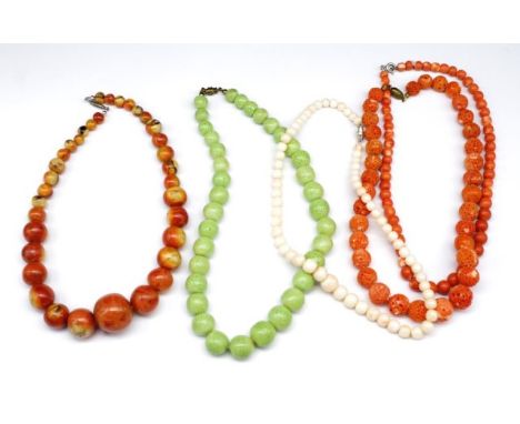 Five coral beaded necklaces with apple, light green, sponge, salmon, angle skin type colours. Roundel to round shape beads. A