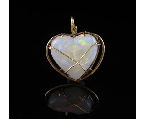 Opal and yellow gold wire pendant unmarked. Approx solid white opal heart cut cabochon size 20.4mm x 20.4mm x 5.3mm deep. Wir