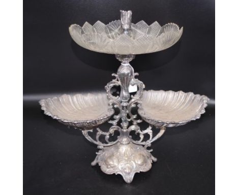 Vintage silver plate centrepiece central column with cut crystal bowl, with candle holder fixture, and  2 suspended shell for