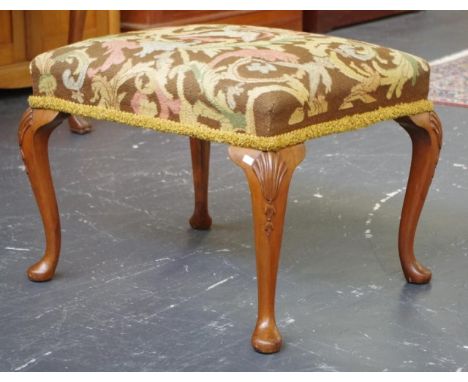 Queen Anne style ottoman stool with tapestry upholstery and  cabriole legs, 50cm x 60cm, 48cm high approx