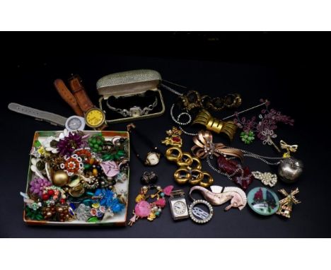 Costume jewellery and watch group includes, arts &amp; crafts type screw back ear clips, vintage costume jewellery ear clips,