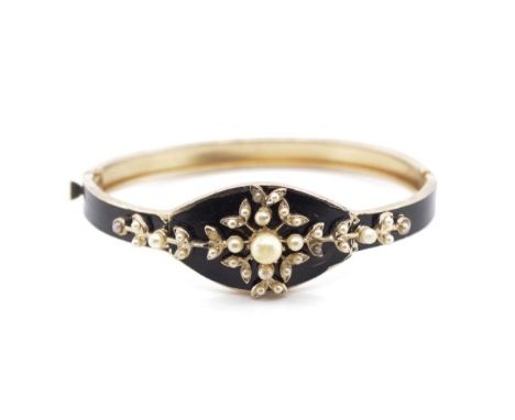 Victorian revival enamel and gilt metal bangle marked Coro. Circa 1930-50s. Approx inside width 59mm, with hinge and box clas