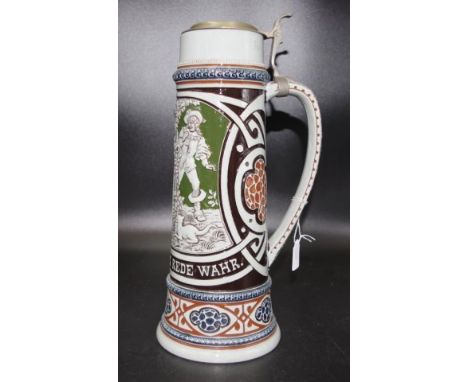 Vintage German ceramic master stein 2 litre capacity, with classic design, and pewter lid, marked to base, (height 35cm appro