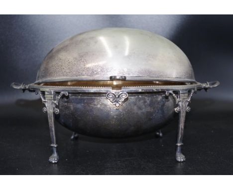 Vintage silver plate tureen with retractable cover on quad-footed stand, (as inspected), (height 20cm approx).