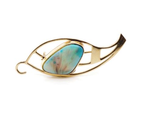 Modernist opal and yellow gold brooch unmarked. Approx weight of brooch 2.9 grams. Tests as 14ct