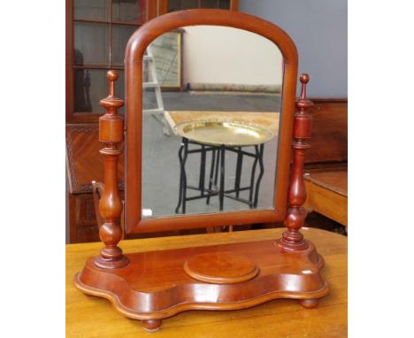 Vintage wooden toilet mirror wood framed mirror, with turned wood column supports, to wooden base, with incorporated lidded t