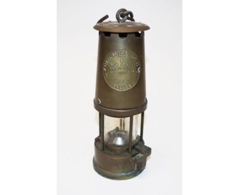 Vintage brass Miner's Lamp marked for Protector Lamp and Lighting Company, Type 6, M &amp; Q, makers Eccles, (height 25cm app