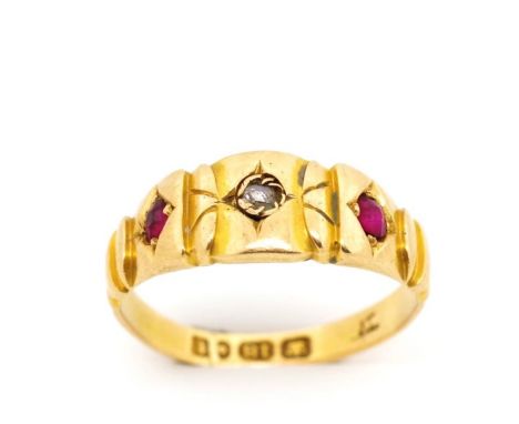 Victorian ruby, diamond and 18ct yellow gold ring marked 18 Birmingham 1893. Approx weight 2.5 grams, ring size K