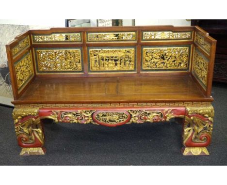 Chinese painted dragon bench with ornately carved gilt wood panels, 156cm wide, 52cm deep, 97cm high approx