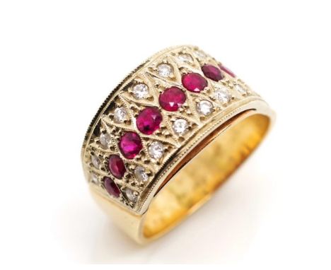 Ruby &amp; diamond set 14ct yellow gold ring marked 14k Approx weight 7.9 grams, ring size M-N