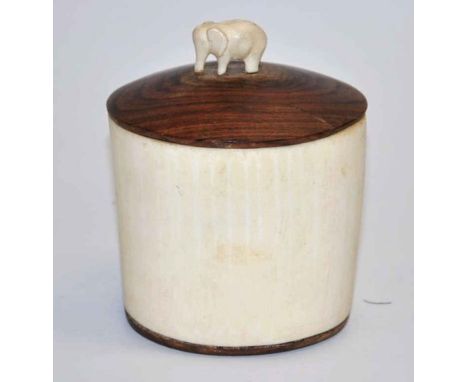 Antique Ivory jar, with hardwood lid and carved elephant finial, 13cm high approx., this item cannot be exported
