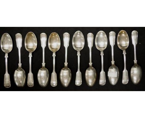 Set twelve sterling silver dessert spoons with fiddle and thread handles, Sheffield 1930, maker: Harrison Brothers &amp; Hows