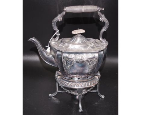 Vintage silver plate kettle on stand engraved decoration, on stand with burner, (hand requires repair), (height 30cm approx, 