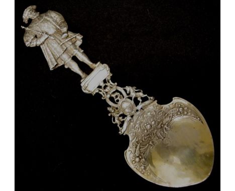 German sterling silver figural spoon standing Monarch to finial, with coat of arms below, (length 24cm; weight 122grams appro