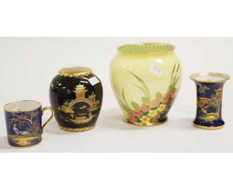 Three various Carltonware vases and a cup two vases with pagoda pattern, the other a floral spray, the cup with New stork pat