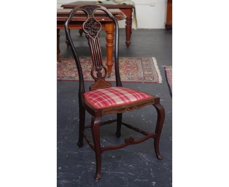 Good early 20th century side chair with carved and inlaid back, plaque attached "JAMES SHOOLBRED &amp; Co TOTTENHAM HOUSE LON
