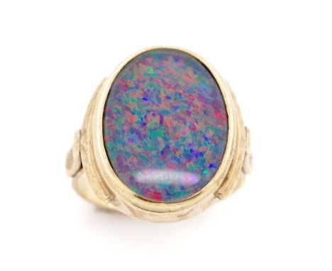 Opal triplet and 9ct yellow gold ring likely Australian Mid century. Marked 9ct. Approx triplet size 17mm x 12mm, ring weight